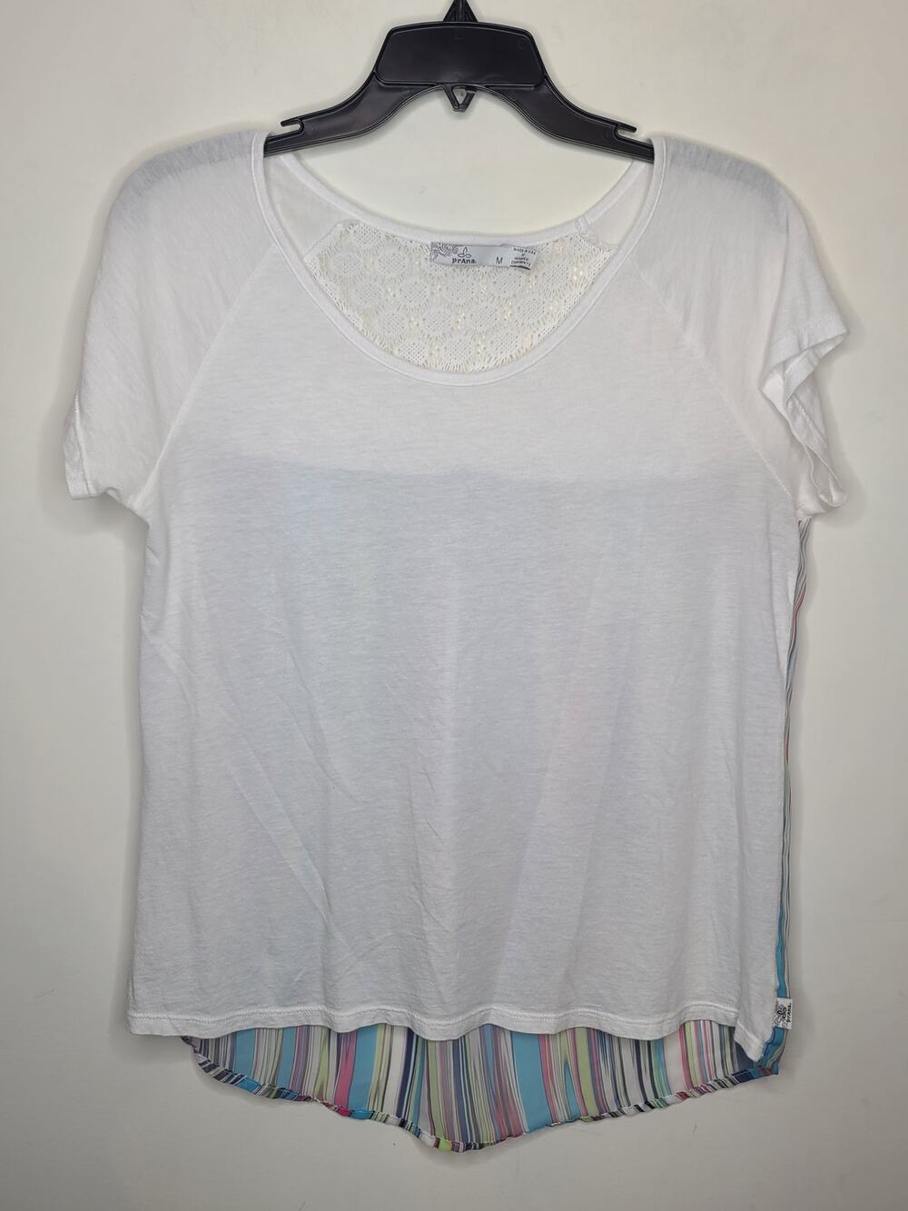 prAna white short sleeve shirt with striped back crochet details - medium